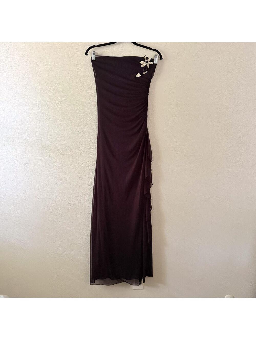Strapless Maxi Dress Black Waterfall Ruffle Ruched Floral Applique Whimsigoth